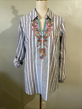 Boho Embroidered Stripe Roll Tab Sleeve Tunic V-Neck Medium Soft Surroundings